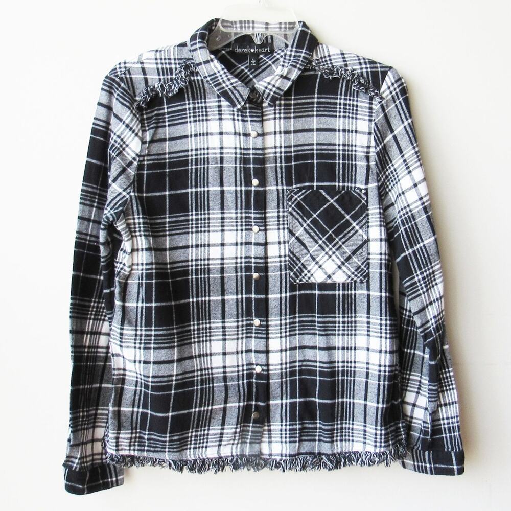 Derek Heart Girls Black Fringed Frayed Plaid Flannel Button Front Shirt L